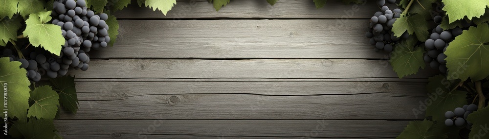Obraz premium A wooden background adorned with grapes and leaves, ideal for wine-related themes.