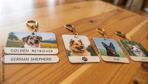 Dog Breed Tags Displayed on a Wooden Table Showcase Various Breeds. Generative AI photo