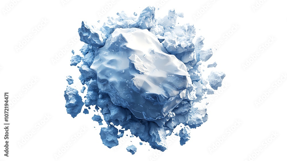 Obraz premium Stunning Polar Landscape Viewed from Above, Featuring a Round Snow-Covered Rock Surrounded by Soft Blue Ice Fragments on a White Background