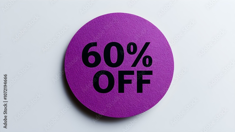 Black '60% OFF' Text on a Dark Purple Round Paper Note. White Background with Copy Space Black '60% OFF' Text on a Dark Purple Round Paper Note. White Background with Copy Space
