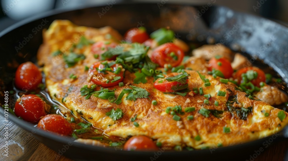 omelette with cherry tomatoes and herbs in a frying pan