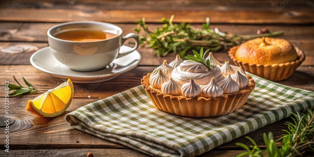 A Delectable Meringue Tart with a Lemon Wedge and a Cup of Tea on a Rustic Wooden Table A Delectable Meringue Tart with a Lemon Wedge and a Cup of Tea on a Rustic Wooden Table