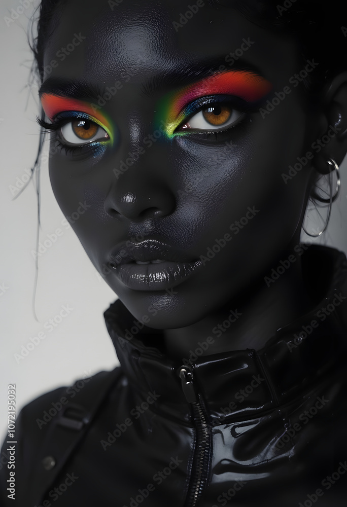 Close-Up Portrait of a Model with Glossy Dark Skin and Bright, Multicolor Eye Makeup Close-Up Portrait of a Model with Glossy Dark Skin and Bright, Multicolor Eye Makeup