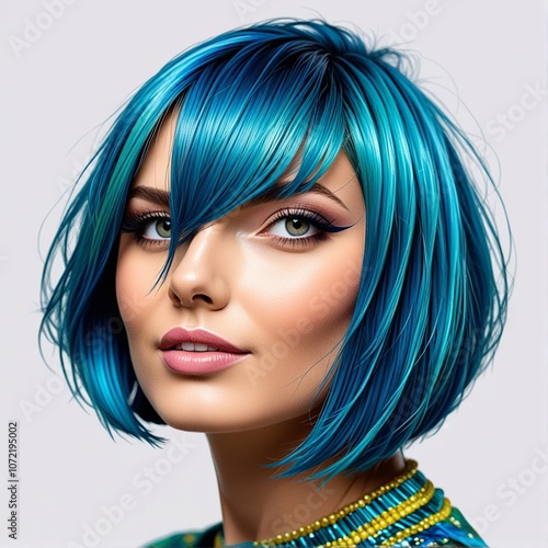 A young woman with vibrant blue bobbed hair showcasing an artistic look against a neutral background in an indoor setting