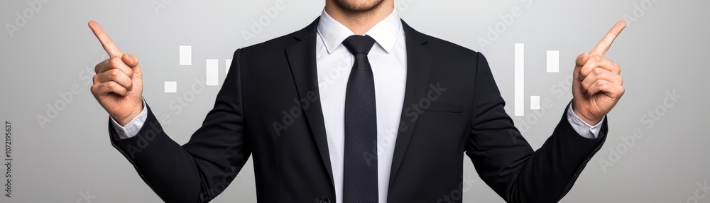 A businessman points to the sides, showcasing confidence and decision-making skills. A businessman points to the sides, showcasing confidence and decision-making skills.