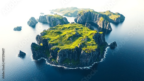 Aerial View of a Serene Island Surrounded by Cliffs and Turquoise Waters, Showcasing Lush Greenery and Rocky Outcrops in the Distance