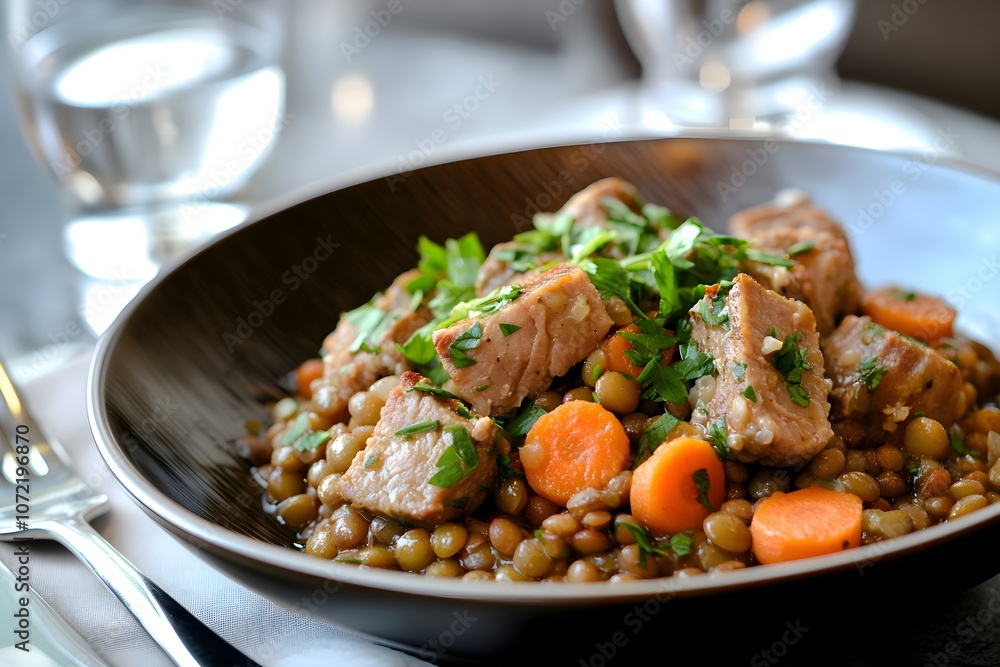 Close-up of petit salé aux lentilles on a plate with tender pork, creamy lentils, and carrot, garnished with herbs. Set on a stylish table, with a chic French restaurant background and warm lighting Close-up of petit salé aux lentilles on a plate with tender pork, creamy lentils, and carrot, garnished with herbs. Set on a stylish table, with a chic French restaurant background and warm lighting