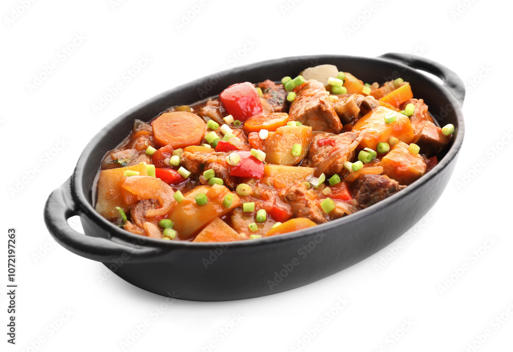 Delicious stew with vegetables in baking dish isolated on white Delicious stew with vegetables in baking dish isolated on white