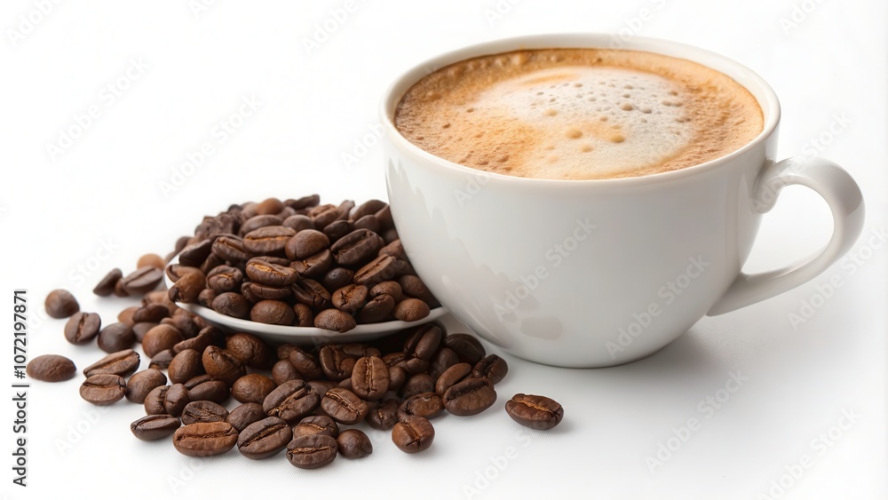 Freshly Brewed Cappuccino With Coffee Beans on a White Surface. Generative AI Freshly Brewed Cappuccino With Coffee Beans on a White Surface. Generative AI