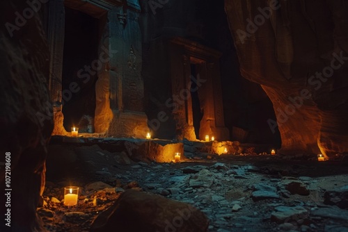 Nighttime longexposure chestup photo of Petra Jordan candlelit photo