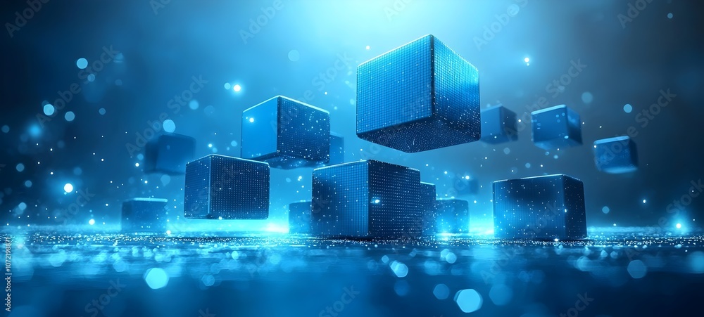 Obraz premium An abstract digital scene featuring glowing blue cubes floating above a shimmering surface, creating a futuristic and technological atmosphere.