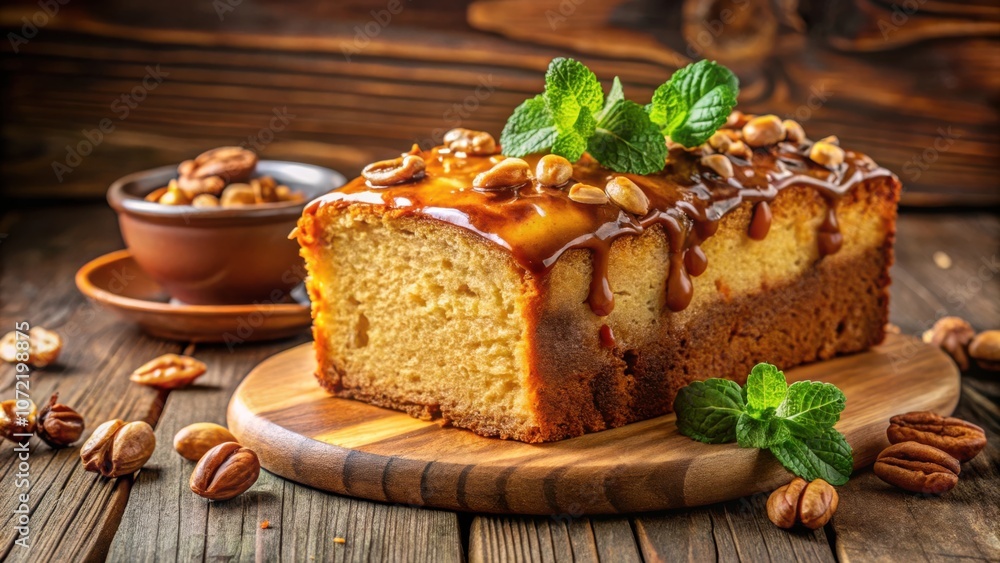Caramel Drizzled Loaf Cake with Toasted Pecans and Fresh Mint Garnish on Rustic Wooden Surface Caramel Drizzled Loaf Cake with Toasted Pecans and Fresh Mint Garnish on Rustic Wooden Surface