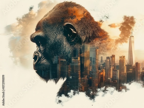 Gorilla silhouette, dense skyscraper skyline, double exposure, powerful urban presence, city jungle photo