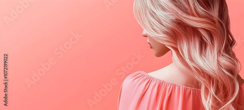 Wallpaper Mural A beautiful young woman with long, wavy blonde hair is elegantly posed against a soft coral background, showcasing a peaceful and serene demeanor. Torontodigital.ca