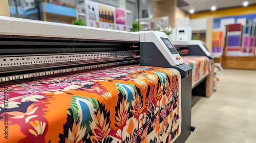 High-Resolution Digital Fabric Printer in Modern Textile Workshop Showcasing Vibrant Patterns and Colors on Textiles Ready for Design Printing