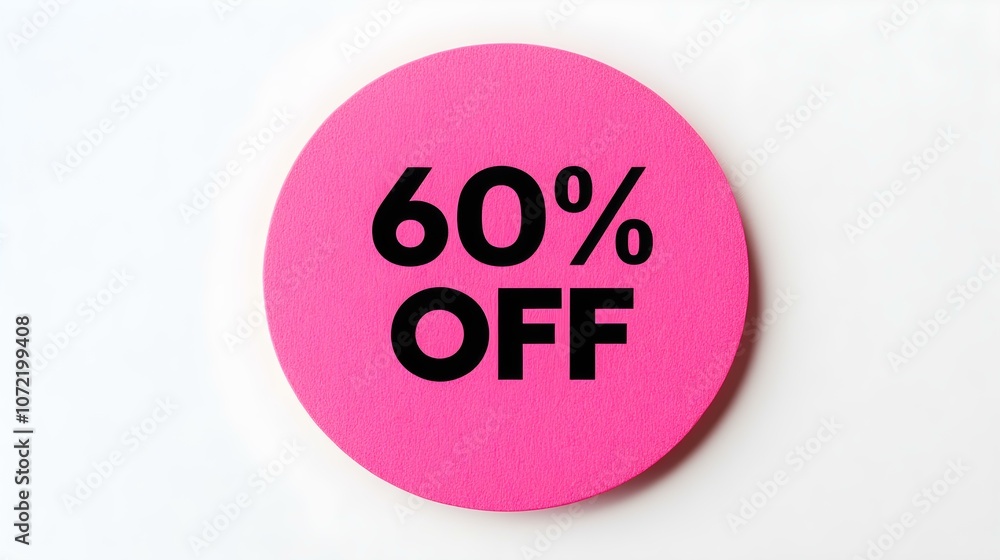 Black '60% OFF' Text on a Fuchsia Round Paper Note. White Background with Copy Space Black '60% OFF' Text on a Fuchsia Round Paper Note. White Background with Copy Space