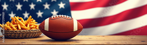 American football and fries with US flag backdrop - ideal for sports blogs, patriotic websites, game day recipes, or Fourth of July event promotions
