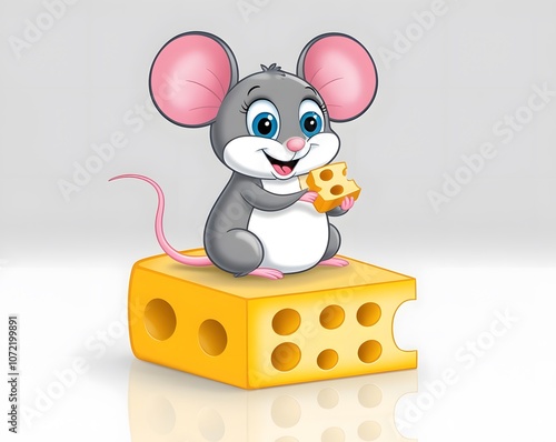 A 3D illustration of a mouse happily nibbling on a piece of cheese, showcasing a playful scene photo