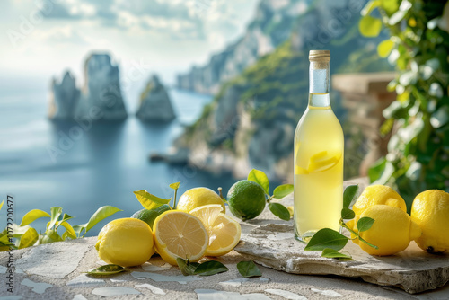 Una bottiglia di limoncello su un tavolo di pietra, circondato da limoni freschi, su una terrazza mediterranea con vista sui Faraglioni dell'isola di Capri, Italia