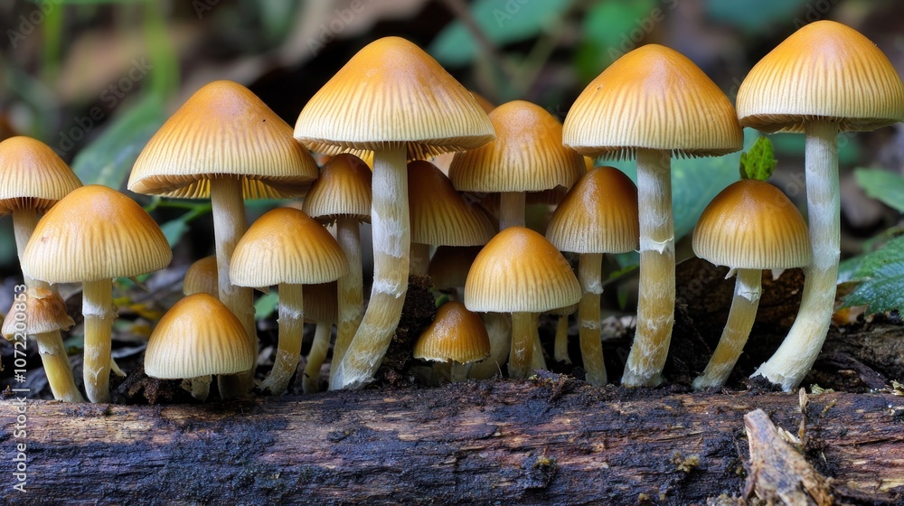 A cluster of golden mushrooms growing on a log in a forest setting.