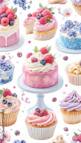  Assorted Pastel Cupcakes with Fruit Toppings in a Colorful Watercolor Pattern