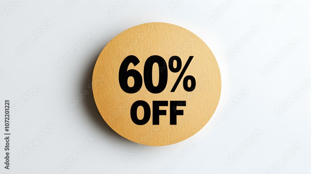 Black '60% OFF' Text on a Gold Round Paper Note. White Background with Copy Space Black '60% OFF' Text on a Gold Round Paper Note. White Background with Copy Space