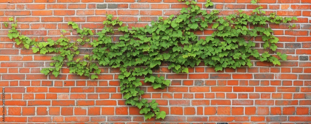 A vibrant green vine growing against a textured red brick wall. A vibrant green vine growing against a textured red brick wall.