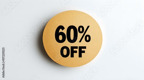 Black '60% OFF' Text on a Gold Round Paper Note. White Background with Copy Space