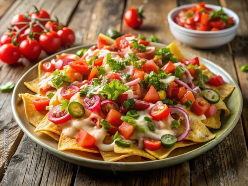 Delicious Plate of Nachos with Fresh Tomatoes, Onions, and Melted Cheese on a Rustic Wooden Table Perfect for Food Photography and Culinary Art