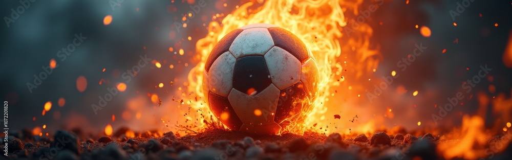 Naklejka premium Fiery soccer ball ablaze with passion - perfect for sports websites, motivational blogs, team spirit campaigns, and dynamic presentations on determination