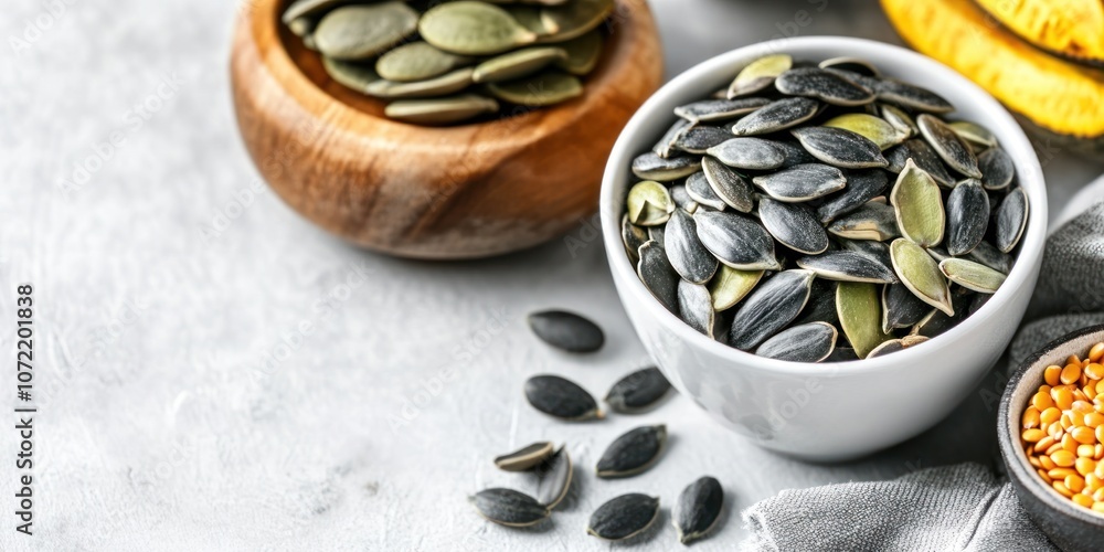 A variety of pumpkin seeds displayed in bowls on a textured surface. A variety of pumpkin seeds displayed in bowls on a textured surface.