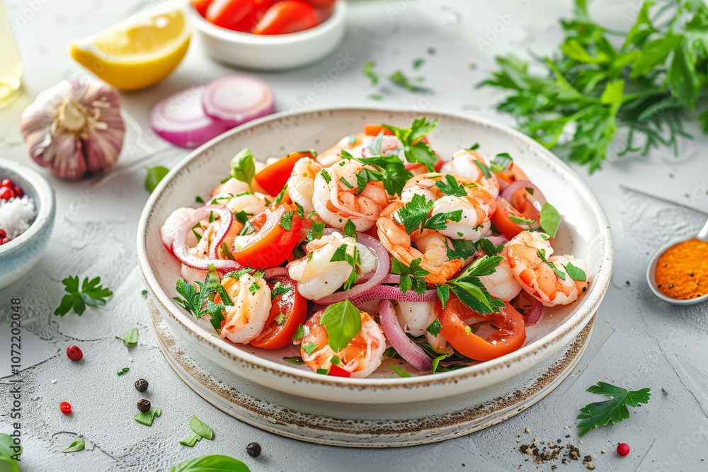 Insalata di pesce fresco con polpo, calamari e gamberi, servita su un piatto di ceramica bianca decorato con erbe aromatiche Insalata di pesce fresco con polpo, calamari e gamberi, servita su un piatto di ceramica bianca decorato con erbe aromatiche