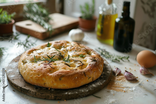 Una focaccia, olio d'oliva e sale grosso, appena sfornata, sistemata su un tavolo rustico in una cucina tradizionale italiana, con ingredienti freschi sparsi sul piano di lavoro