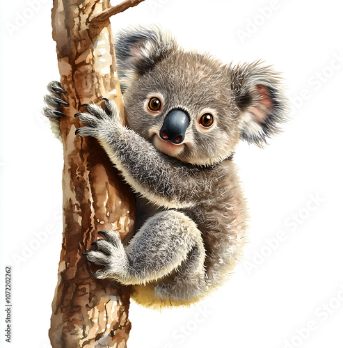 Watercolor painting of a cute and adorable baby koala hanging on a tree branch photo