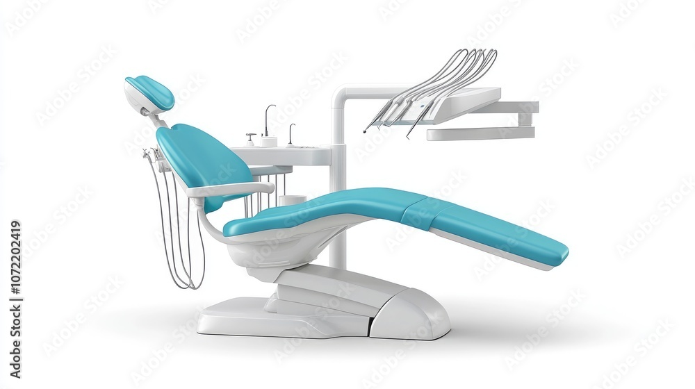 Modern Dental Chair in Bright Color with Tools Ready for Dental Examination and Treatment in a Clean Clinical Setting Modern Dental Chair in Bright Color with Tools Ready for Dental Examination and Treatment in a Clean Clinical Setting