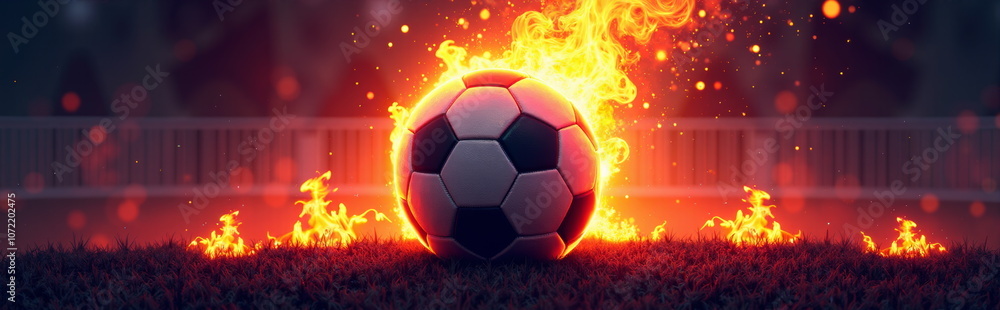 Naklejka premium Flaming soccer ball on fiery field - perfect for sports blogs, game websites, football event promotions, or energetic social media banners