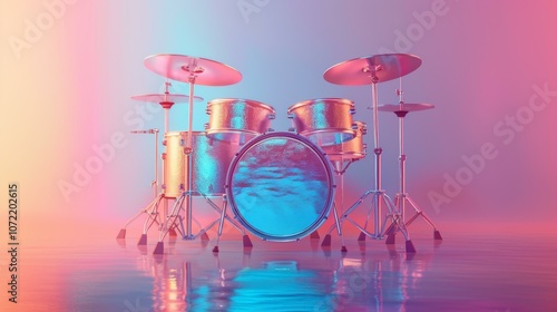 Drum kit with water surface reflection in vibrant colors