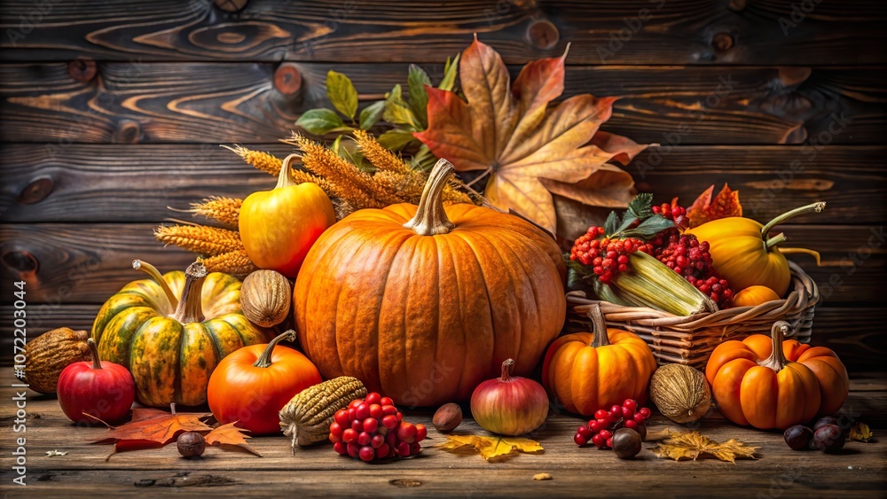 Autumn harvest still life with pumpkins, gourds, and colorful leaves on a rustic wooden table celebrating the season Autumn harvest still life with pumpkins, gourds, and colorful leaves on a rustic wooden table celebrating the season