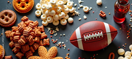 Football and snacks on dark background - perfect for sports blogs, Super Bowl party invitations, game day recipe websites, or tailgating event promotions