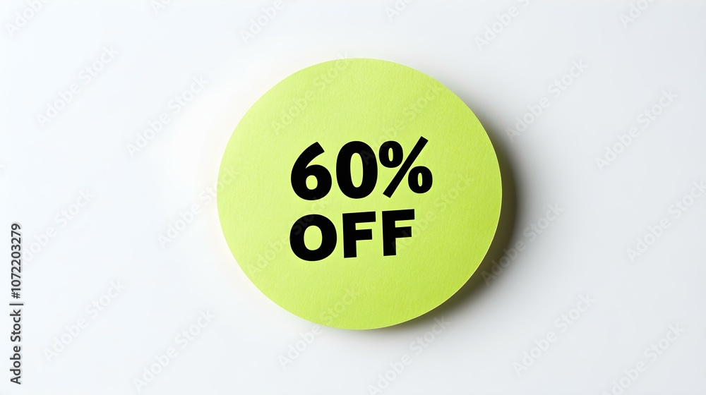 Black '60% OFF' Text on a Green Round Paper Note. White Background with Copy Space Black '60% OFF' Text on a Green Round Paper Note. White Background with Copy Space