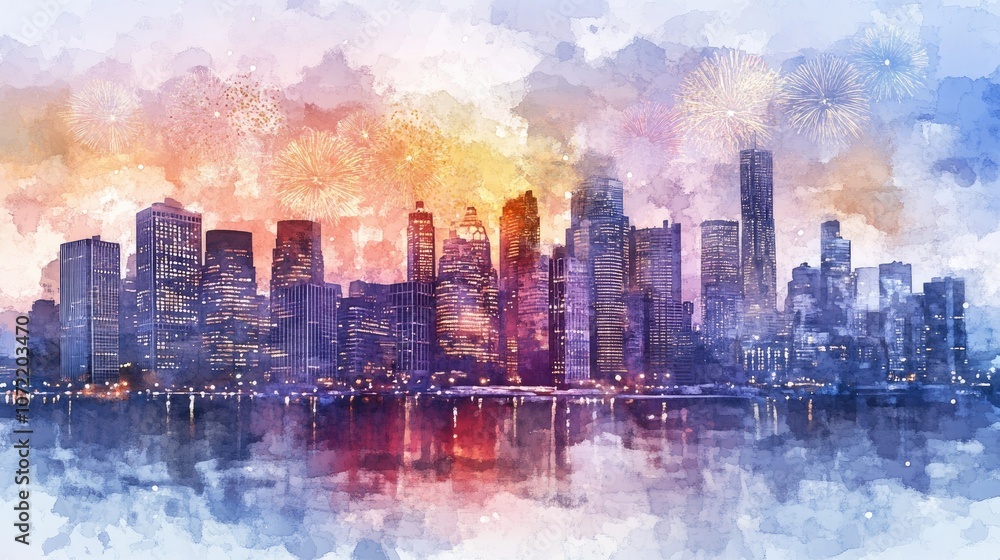 Obraz premium City skyline with New Year fireworks flat design front view winter theme watercolor Triadic Color Scheme