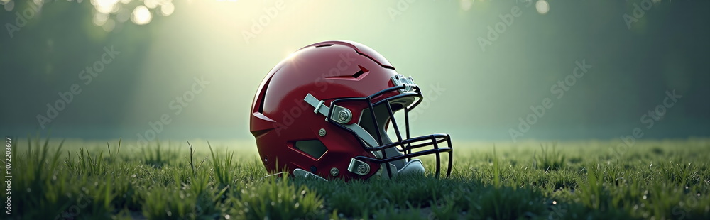 Glossy red football helmet on sunlit grass - ideal for sports blogs, fitness websites, team spirit designs, or motivational presentations about perseverance Glossy red football helmet on sunlit grass - ideal for sports blogs, fitness websites, team spirit designs, or motivational presentations about perseverance