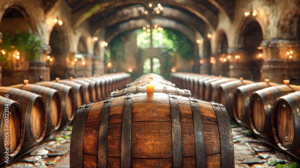 Rows of wooden barrels in a cozy, ambient room with soft lighting, creating a vintage winery or brewery setting Rows of wooden barrels in a cozy, ambient room with soft lighting, creating a vintage winery or brewery setting
