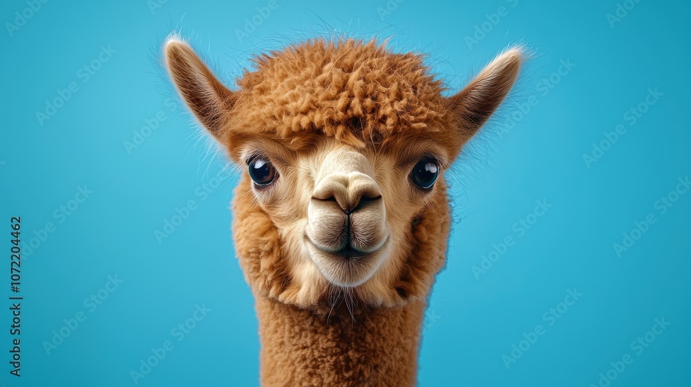 Cute Minimalist Alpaca Portrait on Blue Background Cute Minimalist Alpaca Portrait on Blue Background