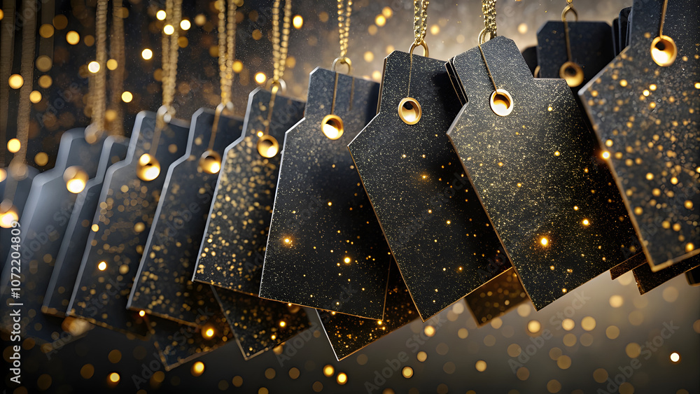 Fototapeta premium Wave-Like Black Shopping Tags with Golden Sparkles. Perfect for: Holiday Sales, Black Friday