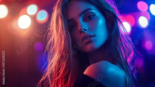 A young woman with flowing hair poses under colorful neon lights at a lively event in an urban setting during the night