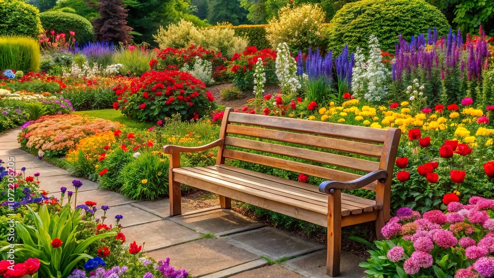 Obraz premium A serene flower garden adorned with vibrant blooms and a rustic wooden bench in a tranquil setting
