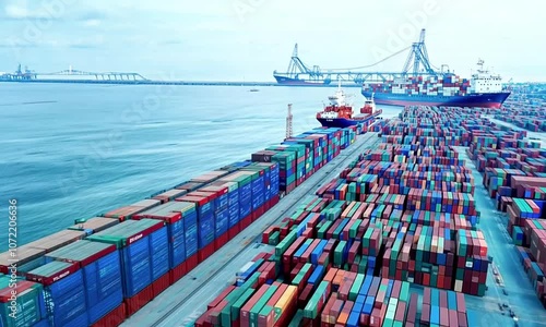 Large Busy Port with Stacked Shipping Containers, Cargo Ships Docked, and Cranes for Loading and Unloading