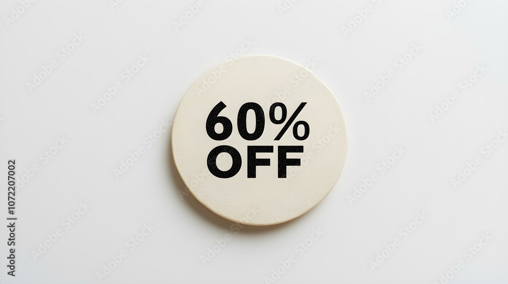Black '60% OFF' Text on a Ivory Round Paper Note. White Background with Copy Space Black '60% OFF' Text on a Ivory Round Paper Note. White Background with Copy Space