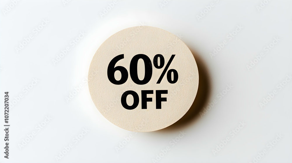 Black '60% OFF' Text on a Ivory Round Paper Note. White Background with Copy Space Black '60% OFF' Text on a Ivory Round Paper Note. White Background with Copy Space